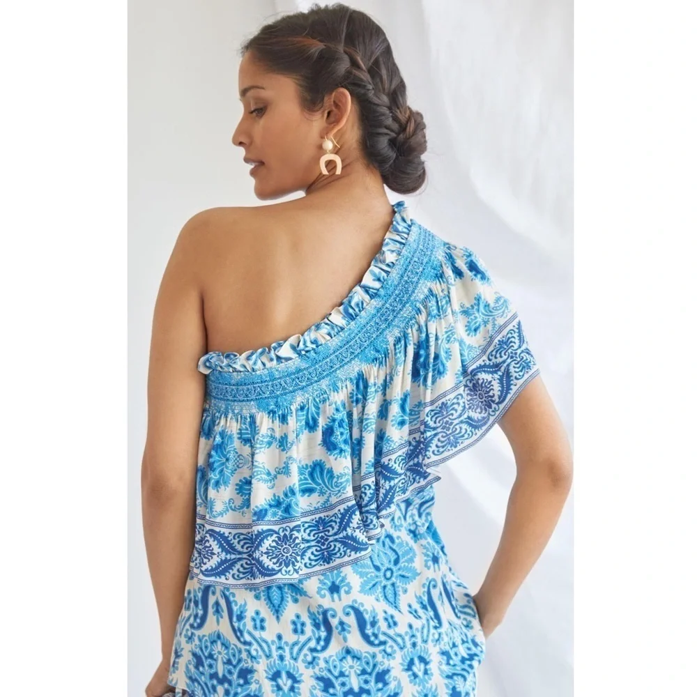 𝅺nwt Anthropologie plenty by Tracy Reese Ruffled One Shoulder Blouse top Small - Picture 3 of 8